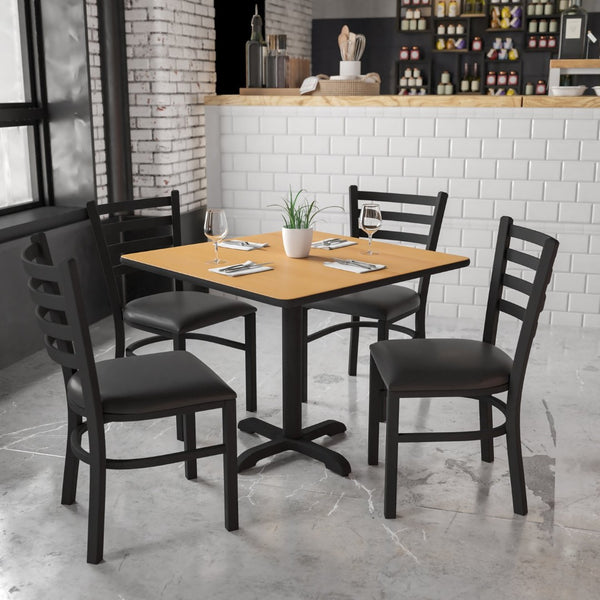 English Elm Carlton Stylish Banquet Table Set with Durable X-Base and Four Comfortable Ladder Back Chairs Natural Top/Black Vinyl Seat 36" Square HDBF1015-GG