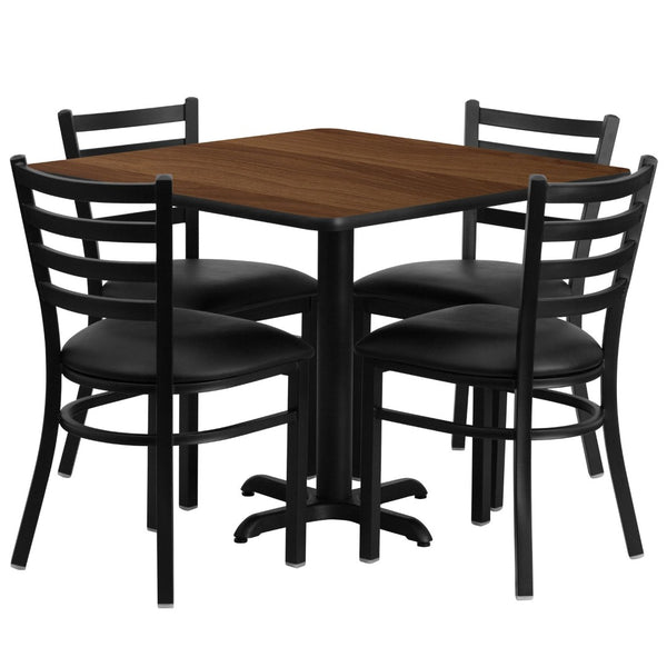 English Elm Carlton Stylish Banquet Table Set with Durable X-Base and Four Comfortable Ladder Back Chairs Walnut Top/Black Vinyl Seat 36" Square HDBF1016-GG
