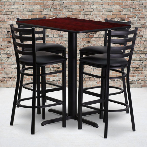 English Elm Carlton Rectangular Bar-Height Table Set with Sturdy Metal Barstools for Dining & Entertaining Spaces Mahogany Top/Black Vinyl Seat 24"W x 42"L HDBF1018-GG