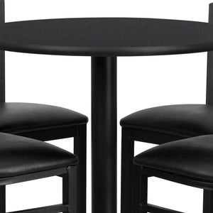 English Elm Carlton Commercial-Grade Bar Table Set with X-Base and 4 Metal Barstools for Home or Business Black Top/Black Vinyl Seat 30" Round HDBF1021-GG