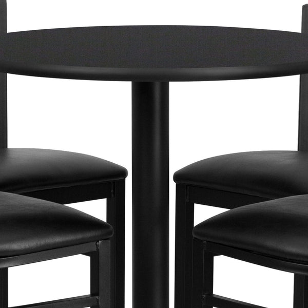 English Elm Carlton Commercial-Grade Bar Table Set with X-Base and 4 Metal Barstools for Home or Business Black Top/Black Vinyl Seat 30" Round HDBF1021-GG