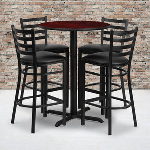 English Elm Carlton Commercial-Grade Bar Table Set with X-Base and 4 Metal Barstools for Home or Business Mahogany Top/Black Vinyl Seat 30" Round HDBF1022-GG