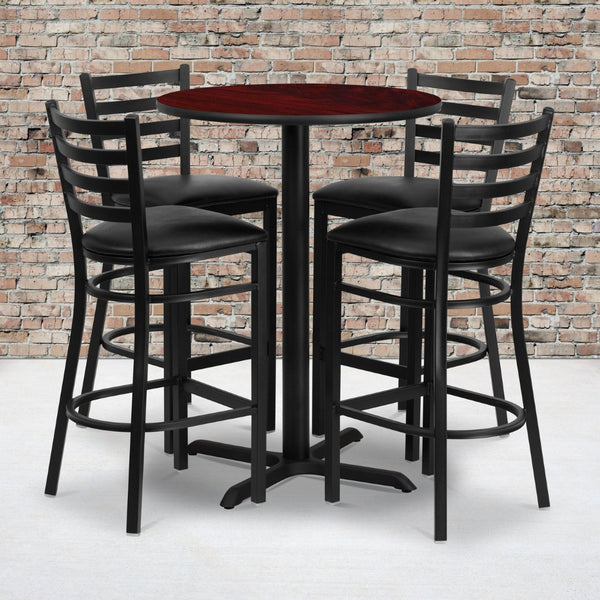 English Elm Carlton Commercial-Grade Bar Table Set with X-Base and 4 Metal Barstools for Home or Business Mahogany Top/Black Vinyl Seat 30" Round HDBF1022-GG