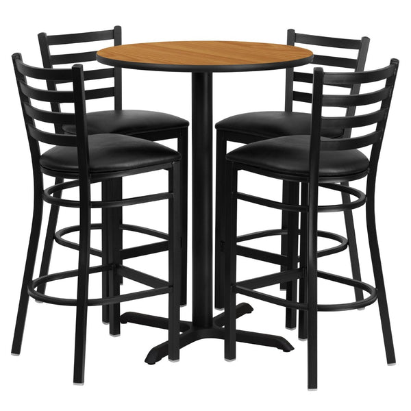 English Elm Carlton Commercial-Grade Bar Table Set with X-Base and 4 Metal Barstools for Home or Business Natural Top/Black Vinyl Seat 30" Round HDBF1023-GG