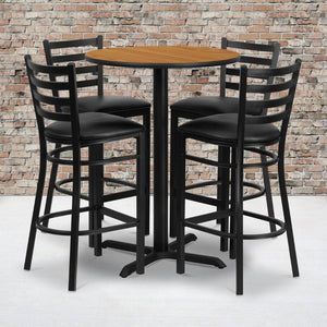 English Elm Carlton Commercial-Grade Bar Table Set with X-Base and 4 Metal Barstools for Home or Business Natural Top/Black Vinyl Seat 30" Round HDBF1023-GG