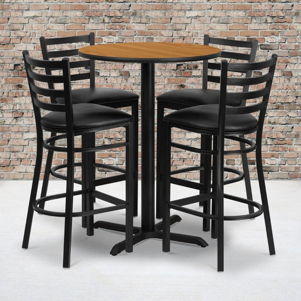 English Elm Carlton Commercial-Grade Bar Table Set with X-Base and 4 Metal Barstools for Home or Business Natural Top/Black Vinyl Seat 30" Round HDBF1023-GG