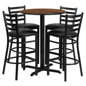 English Elm Carlton Commercial-Grade Bar Table Set with X-Base and 4 Metal Barstools for Home or Business Walnut Top/Black Vinyl Seat 30" Round HDBF1024-GG