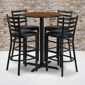 English Elm Carlton Commercial-Grade Bar Table Set with X-Base and 4 Metal Barstools for Home or Business Walnut Top/Black Vinyl Seat 30" Round HDBF1024-GG