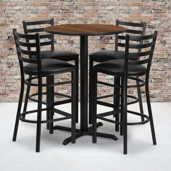 English Elm Carlton Commercial-Grade Bar Table Set with X-Base and 4 Metal Barstools for Home or Business Walnut Top/Black Vinyl Seat 30" Round HDBF1024-GG