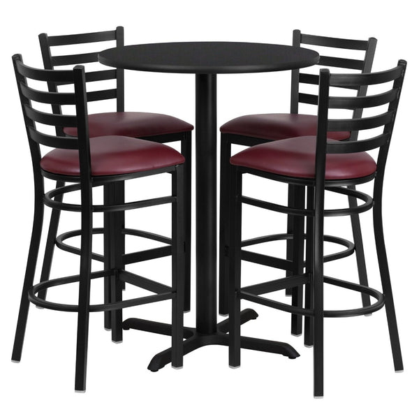 English Elm Carlton Commercial-Grade Bar Table Set with X-Base and 4 Metal Barstools for Home or Business Black Top/Burgundy Vinyl Seat 30" Round HDBF1025-GG