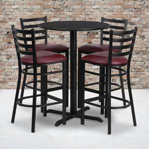 English Elm Carlton Commercial-Grade Bar Table Set with X-Base and 4 Metal Barstools for Home or Business Black Top/Burgundy Vinyl Seat 30" Round HDBF1025-GG