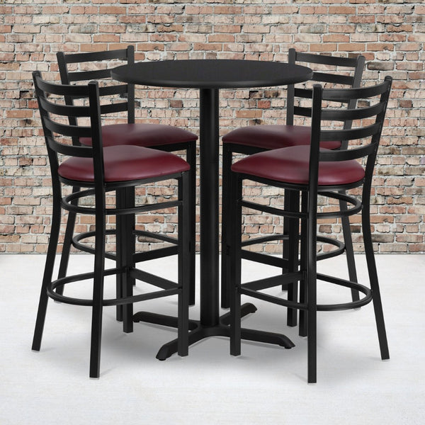 English Elm Carlton Commercial-Grade Bar Table Set with X-Base and 4 Metal Barstools for Home or Business Black Top/Burgundy Vinyl Seat 30" Round HDBF1025-GG