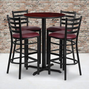 English Elm Carlton Commercial-Grade Bar Table Set with X-Base and 4 Metal Barstools for Home or Business Mahogany Top/Burgundy Vinyl Seat 30" Round HDBF1026-GG