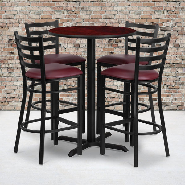 English Elm Carlton Commercial-Grade Bar Table Set with X-Base and 4 Metal Barstools for Home or Business Mahogany Top/Burgundy Vinyl Seat 30" Round HDBF1026-GG