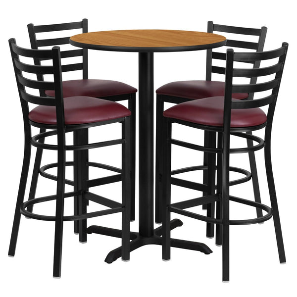 English Elm Carlton Commercial-Grade Bar Table Set with X-Base and 4 Metal Barstools for Home or Business Natural Top/Burgundy Vinyl Seat 30" Round HDBF1027-GG