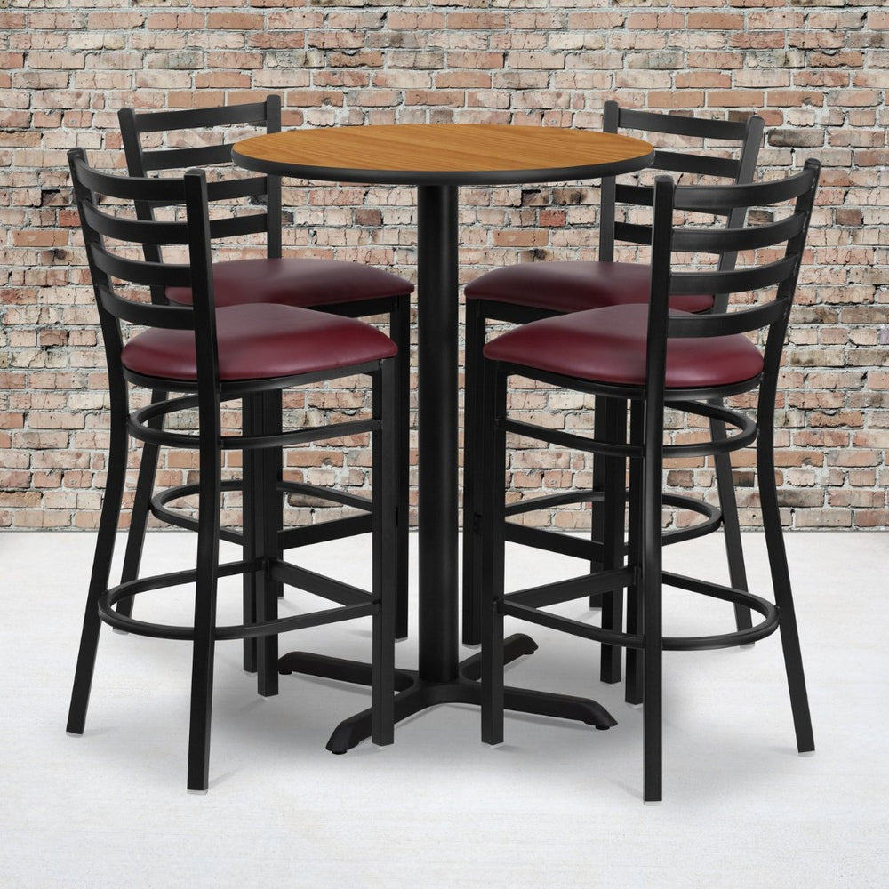 English Elm Carlton Commercial-Grade Bar Table Set with X-Base and 4 Metal Barstools for Home or Business Natural Top/Burgundy Vinyl Seat 30" Round HDBF1027-GG