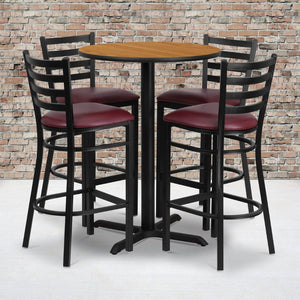 English Elm Carlton Commercial-Grade Bar Table Set with X-Base and 4 Metal Barstools for Home or Business Natural Top/Burgundy Vinyl Seat 30" Round HDBF1027-GG