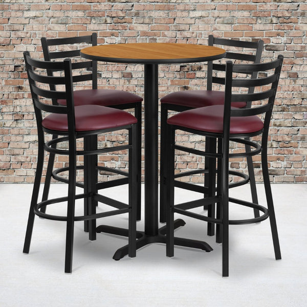 English Elm Carlton Commercial-Grade Bar Table Set with X-Base and 4 Metal Barstools for Home or Business Natural Top/Burgundy Vinyl Seat 30" Round HDBF1027-GG