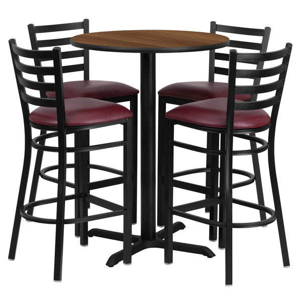English Elm Carlton Commercial-Grade Bar Table Set with X-Base and 4 Metal Barstools for Home or Business Walnut Top/Burgundy Vinyl Seat 30" Round HDBF1028-GG
