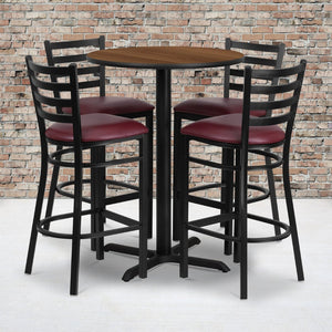 English Elm Carlton Commercial-Grade Bar Table Set with X-Base and 4 Metal Barstools for Home or Business Walnut Top/Burgundy Vinyl Seat 30" Round HDBF1028-GG