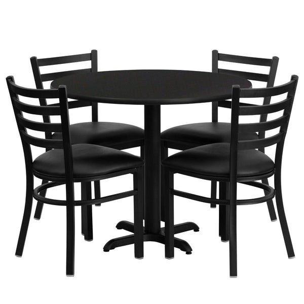 English Elm Carlton Commercial-Grade Dining Set with Durable Laminate Table and Comfortable Metal Chairs, Burgundy Black Top/Black Vinyl Seat 36" Round HDBF1029-GG