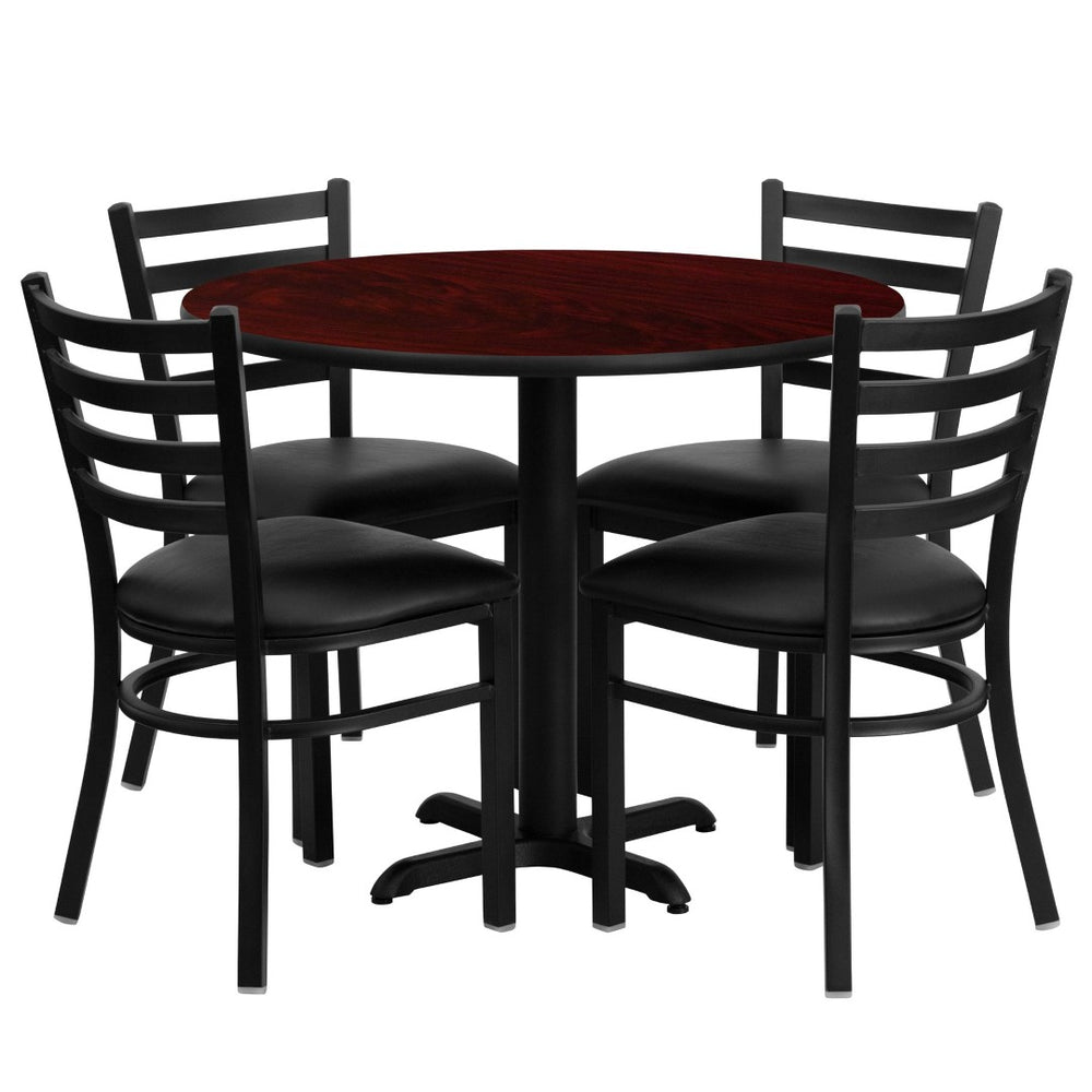 English Elm Carlton Commercial-Grade Dining Set with Durable Laminate Table and Comfortable Metal Chairs, Burgundy Mahogany Top/Black Vinyl Seat 36" Round HDBF1030-GG