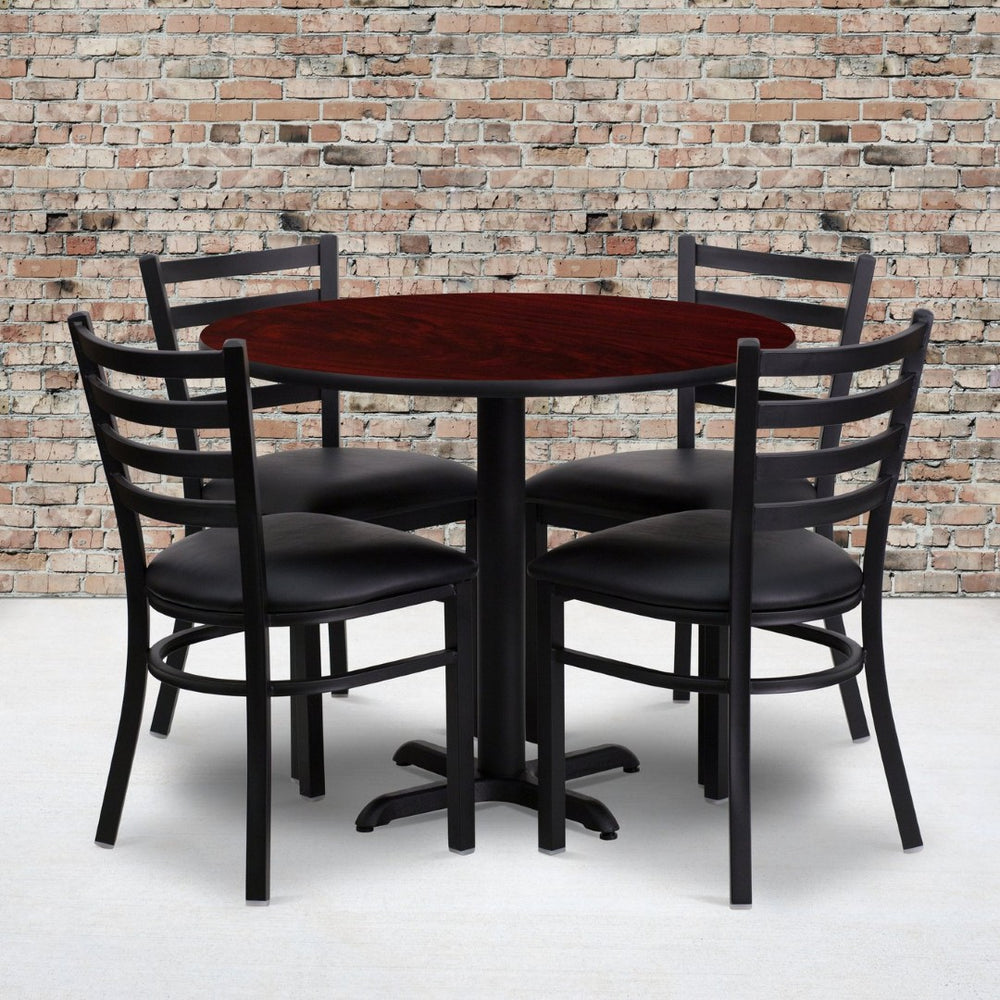 English Elm Carlton Commercial-Grade Dining Set with Durable Laminate Table and Comfortable Metal Chairs, Burgundy Mahogany Top/Black Vinyl Seat 36" Round HDBF1030-GG
