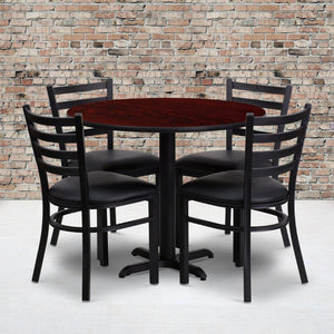 English Elm Carlton Commercial-Grade Dining Set with Durable Laminate Table and Comfortable Metal Chairs, Burgundy Mahogany Top/Black Vinyl Seat 36" Round HDBF1030-GG