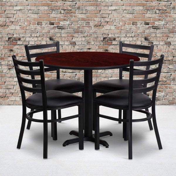 English Elm Carlton Commercial-Grade Dining Set with Durable Laminate Table and Comfortable Metal Chairs, Burgundy Mahogany Top/Black Vinyl Seat 36" Round HDBF1030-GG
