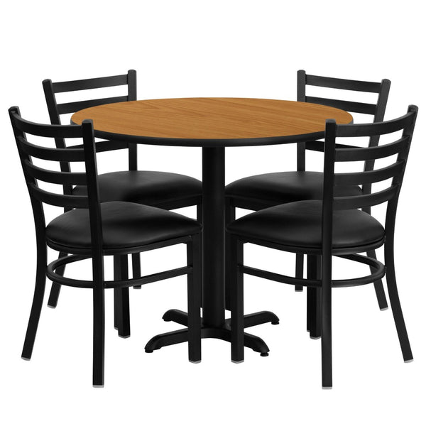 English Elm Carlton Commercial-Grade Dining Set with Durable Laminate Table and Comfortable Metal Chairs, Burgundy Natural Top/Black Vinyl Seat 36" Round HDBF1031-GG