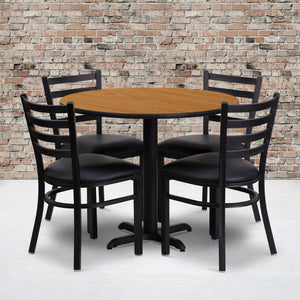 English Elm Carlton Commercial-Grade Dining Set with Durable Laminate Table and Comfortable Metal Chairs, Burgundy Natural Top/Black Vinyl Seat 36" Round HDBF1031-GG
