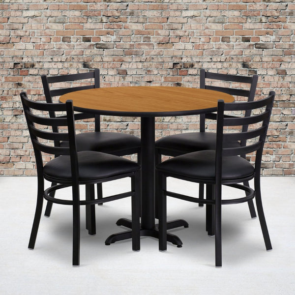 English Elm Carlton Commercial-Grade Dining Set with Durable Laminate Table and Comfortable Metal Chairs, Burgundy Natural Top/Black Vinyl Seat 36" Round HDBF1031-GG