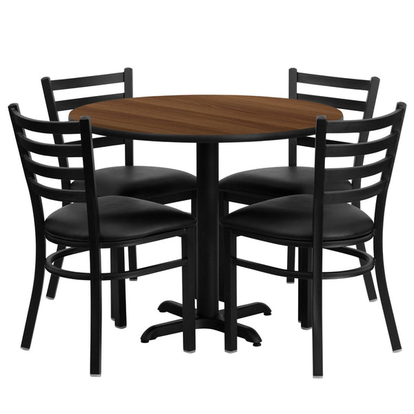 English Elm Carlton Commercial-Grade Dining Set with Durable Laminate Table and Comfortable Metal Chairs, Burgundy Walnut Top/Black Vinyl Seat 36" Round HDBF1032-GG