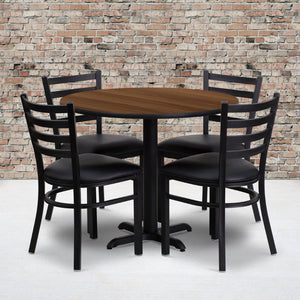 English Elm Carlton Commercial-Grade Dining Set with Durable Laminate Table and Comfortable Metal Chairs, Burgundy Walnut Top/Black Vinyl Seat 36" Round HDBF1032-GG
