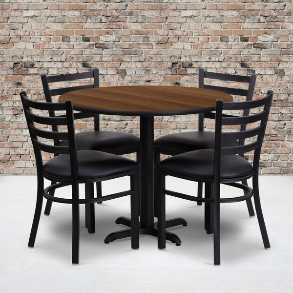 English Elm Carlton Commercial-Grade Dining Set with Durable Laminate Table and Comfortable Metal Chairs, Burgundy Walnut Top/Black Vinyl Seat 36" Round HDBF1032-GG