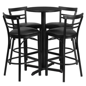 English Elm Carlton Round Laminate Table Set with Sturdy X-Base & 4 Comfortable Two-Slat Metal Barstools Black Top/Black Vinyl Seat 24" Round HDBF1033-GG