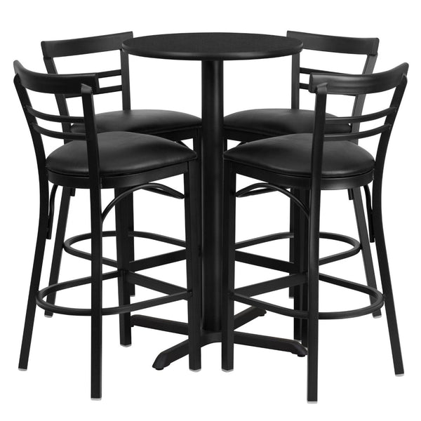 English Elm Carlton Round Laminate Table Set with Sturdy X-Base & 4 Comfortable Two-Slat Metal Barstools Black Top/Black Vinyl Seat 24" Round HDBF1033-GG