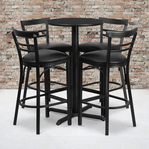 English Elm Carlton Round Laminate Table Set with Sturdy X-Base & 4 Comfortable Two-Slat Metal Barstools Black Top/Black Vinyl Seat 24" Round HDBF1033-GG