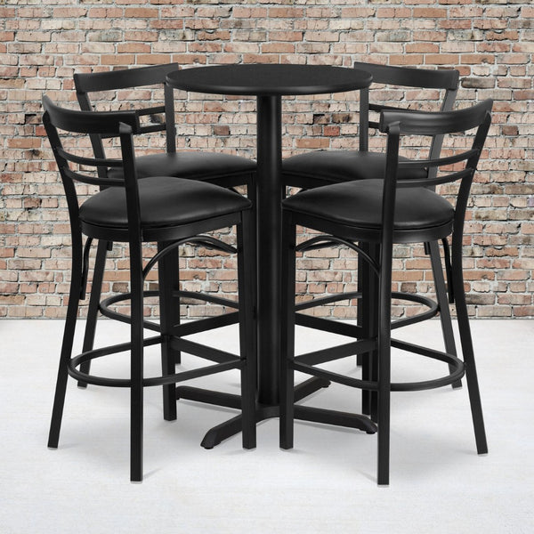 English Elm Carlton Round Laminate Table Set with Sturdy X-Base & 4 Comfortable Two-Slat Metal Barstools Black Top/Black Vinyl Seat 24" Round HDBF1033-GG
