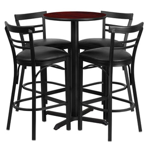 English Elm Carlton Round Laminate Table Set with Sturdy X-Base & 4 Comfortable Two-Slat Metal Barstools Mahogany Top/Black Vinyl Seat 24" Round HDBF1034-GG