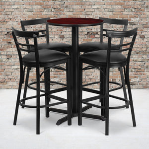 English Elm Carlton Round Laminate Table Set with Sturdy X-Base & 4 Comfortable Two-Slat Metal Barstools Mahogany Top/Black Vinyl Seat 24" Round HDBF1034-GG