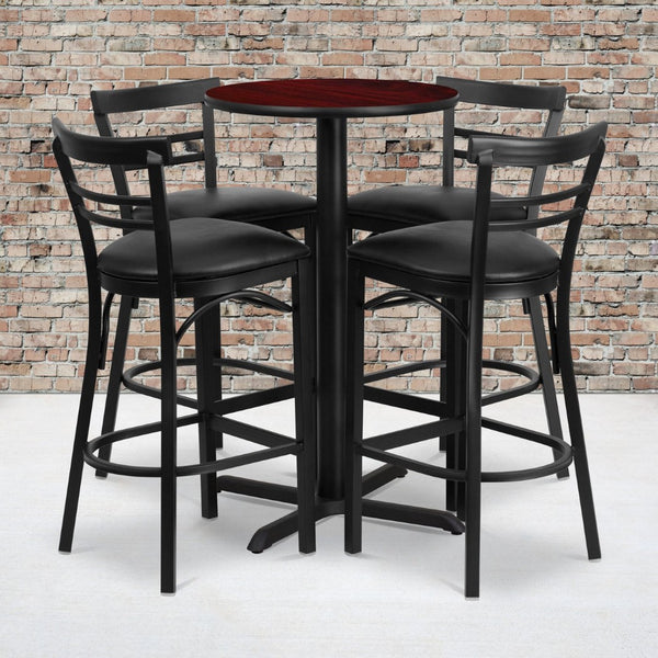 English Elm Carlton Round Laminate Table Set with Sturdy X-Base & 4 Comfortable Two-Slat Metal Barstools Mahogany Top/Black Vinyl Seat 24" Round HDBF1034-GG
