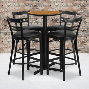 English Elm Carlton Round Laminate Table Set with Sturdy X-Base & 4 Comfortable Two-Slat Metal Barstools Natural Top/Black Vinyl Seat 24" Round HDBF1035-GG