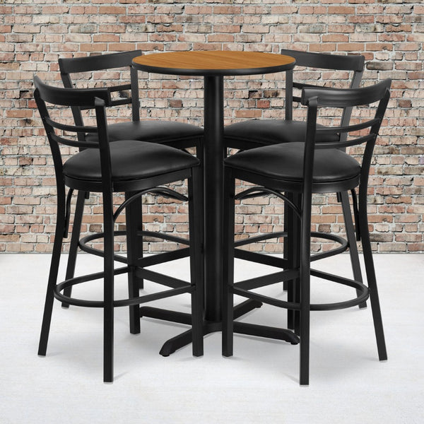English Elm Carlton Round Laminate Table Set with Sturdy X-Base & 4 Comfortable Two-Slat Metal Barstools Natural Top/Black Vinyl Seat 24" Round HDBF1035-GG