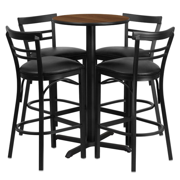 English Elm Carlton Round Laminate Table Set with Sturdy X-Base & 4 Comfortable Two-Slat Metal Barstools Walnut Top/Black Vinyl Seat 24" Round HDBF1036-GG