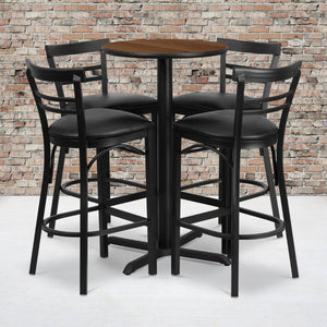 English Elm Carlton Round Laminate Table Set with Sturdy X-Base & 4 Comfortable Two-Slat Metal Barstools Walnut Top/Black Vinyl Seat 24" Round HDBF1036-GG