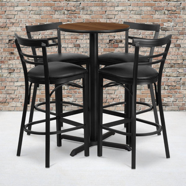 English Elm Carlton Round Laminate Table Set with Sturdy X-Base & 4 Comfortable Two-Slat Metal Barstools Walnut Top/Black Vinyl Seat 24" Round HDBF1036-GG