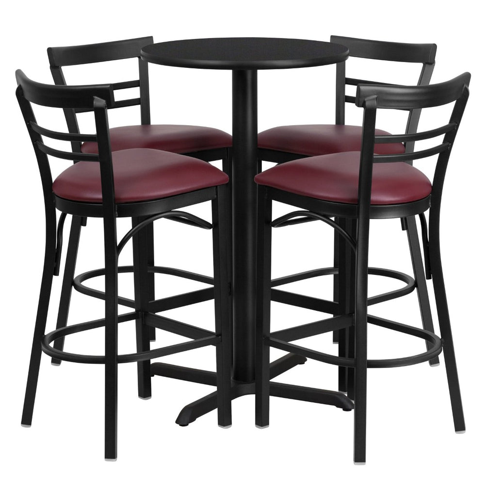 English Elm Carlton Round Laminate Table Set with Sturdy X-Base & 4 Comfortable Two-Slat Metal Barstools Black Top/Burgundy Vinyl Seat 24" Round HDBF1037-GG
