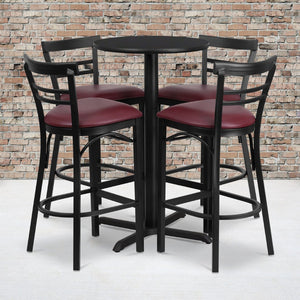 English Elm Carlton Round Laminate Table Set with Sturdy X-Base & 4 Comfortable Two-Slat Metal Barstools Black Top/Burgundy Vinyl Seat 24" Round HDBF1037-GG
