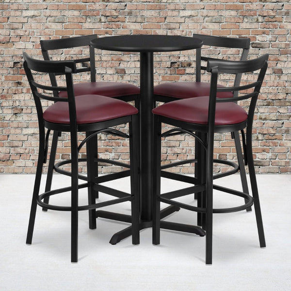 English Elm Carlton Round Laminate Table Set with Sturdy X-Base & 4 Comfortable Two-Slat Metal Barstools Black Top/Burgundy Vinyl Seat 24" Round HDBF1037-GG